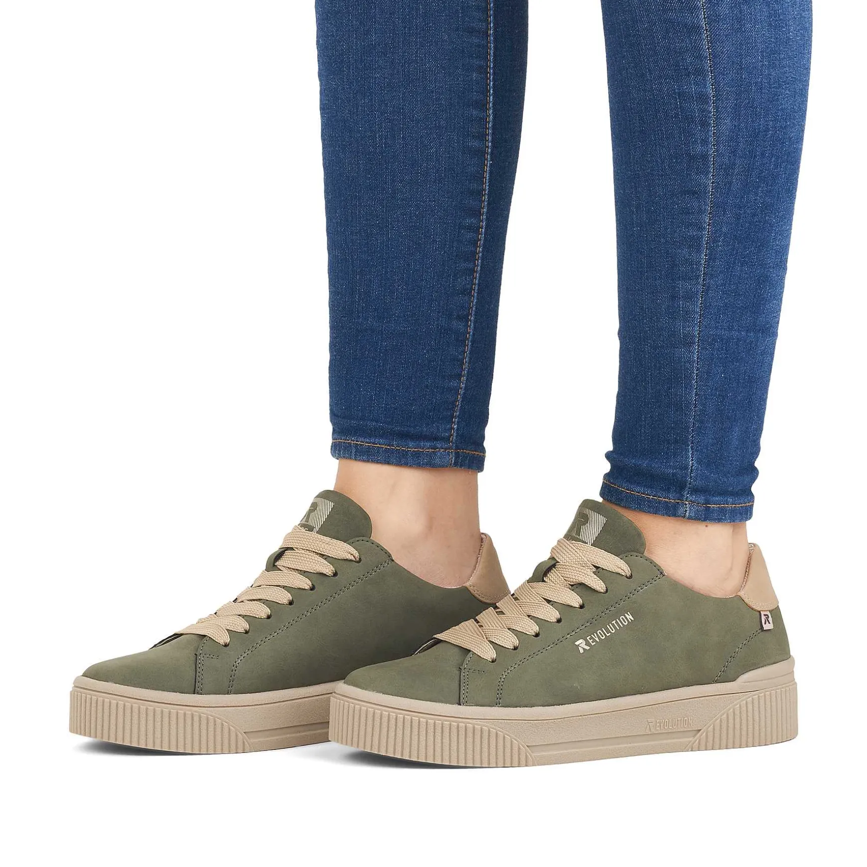 Rieker Damesneaker Lav Khaki-Gron Creme-Beige